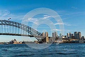 Sydney harbor bridge with Sydney downtown skyline, in the afternoon, New South Wales, Australia