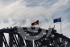 Sydney Harbour Bridge with Australian Aboriginal and Australian National Flags