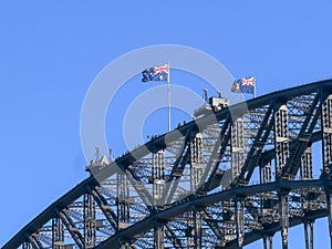 Sydney harbour bridge and flags close up