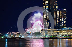 Sydney Harbour Bridge New Years Eve fireworks 2023, colourful NYE fire works NSW Australia