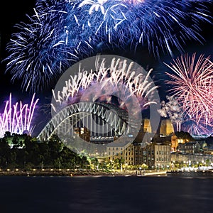 Sydney Harbour Bridge New Years Eve fireworks, colourful NYE fire works