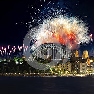 Sydney Harbour Bridge New Years Eve fireworks, colourful NYE fire works