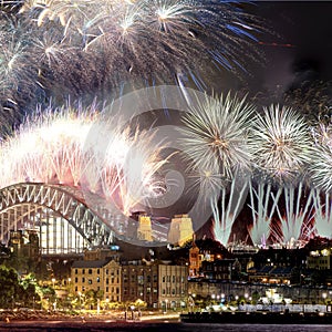 Sydney Harbour Bridge New Years Eve fireworks, colourful NYE fire works