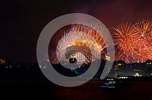 Sydney Harbour Bridge New Years Eve fireworks, colourful NYE fire works Australia