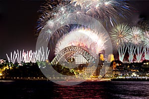 Sydney Harbour Bridge New Years Eve fireworks, colourful NYE fire works Australia