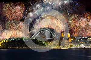 Sydney Harbour Bridge New Years Eve fireworks, colourful NYE fire works Australia