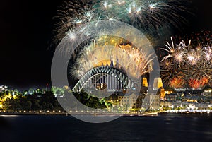 Sydney Harbour Bridge New Years Eve fireworks, colourful NYE fire works lighting the night skies with vivid multi colours