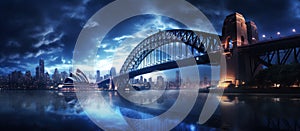 Sydney Harbour Bridge at night, Australia. Panorama