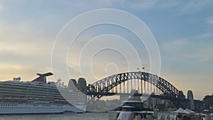 Sydney Harbour and harbour bridge with a cruiseliner in the harbour