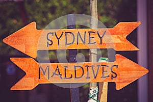 Sydney and Maldives direction sign