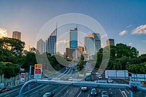 Sydney, NSW, AUSTRALIA - November 14, 2017: M1 highway with Sydney City Skyline at sunset in the background