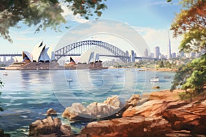 Sydney Opera House and Sydney Harbour Bridge, Australia. Digital painting, sydney harbour view with opera house, bridge and rocks