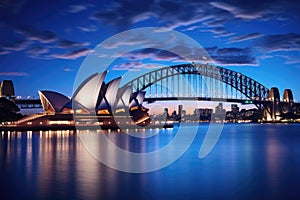 Sydney Opera House and Sydney Harbour Bridge at night, Australia, Sydney Opera House and the Sydney Harbour Bridge during twilight