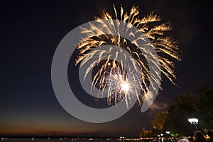 SYLVAN BEACH, NEW YORK - JULY 3, 2019: Fireworks and Celebration of the Independence at Sylvan Beach of Oneida Lake in Upstate New