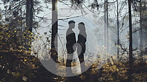 Sylvan Serenity: Couple's Silhouette with Forest Vacation Double Exposure
