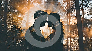 Sylvan Serenity: Couple's Silhouette with Forest Vacation Double Exposure