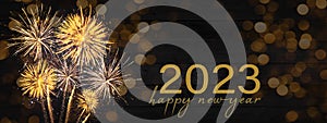 Sylvester, New Year\'s Eve, Happy new Year 2023 Party, Firework celebration background banner - Golden fireworks