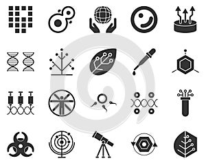 Symbiosis, smart, biology. Bioengineering glyph icons set. Biotechnology for health, researching, materials creating. Molecular