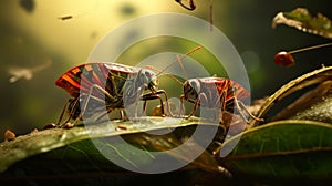 Symbiotic Serenity: Two Spined Soldier Bugs on a Leaf in the Forest