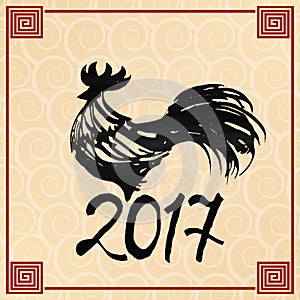 Symbol 2017 rooster in the style of Chinese painting. New Year poster ink on the background of the waves.