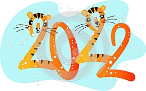 The symbol of 2022, consisting of a flat number with 2 tiger cubs` faces.Vector