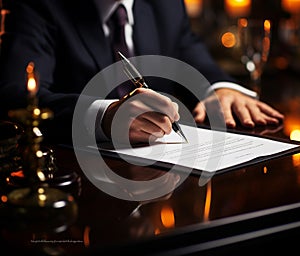 Symbol of accord Close up of businessmans contract signature marks binding agreement