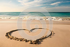 Symbol of affection drawn on a pristine beach with gentle waves.