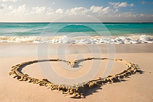 Symbol of affection drawn on a pristine beach with gentle waves.