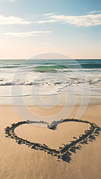 Symbol of affection drawn on a pristine beach with gentle waves.