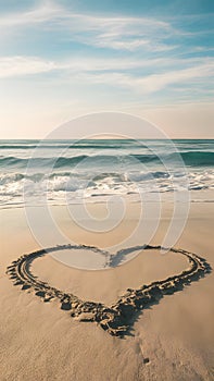 Symbol of affection drawn on a pristine beach with gentle waves.