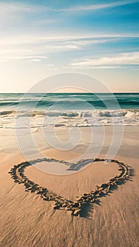 Symbol of affection drawn on a pristine beach with gentle waves.