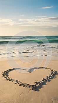 Symbol of affection drawn on a pristine beach with gentle waves.