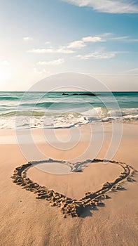 Symbol of affection drawn on a pristine beach with gentle waves.