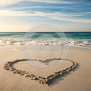 Symbol of affection drawn on a pristine beach with gentle waves.