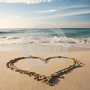 Symbol of affection drawn on a pristine beach with gentle waves.