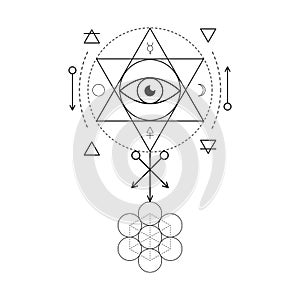 Symbol of alchemy and sacred geometry. Three primes: spirit, soul, body and 4 basic elements: Earth, Water, Air, Fire photo