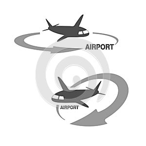 Symbol of arrow with flying airplane - icon, symbol for airport