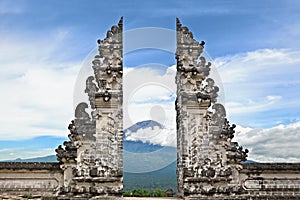 Symbol Bali - hindu temple on Agung mount background