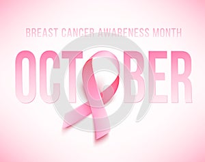 Symbol of Breast cancer awareness month in october. Realistic pink ribbon.