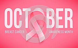 Symbol of Breast cancer awareness month in october. Realistic pink ribbon.