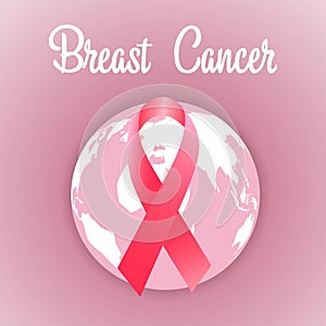 Symbol of breast cancer awareness month in October. Realistic pink ribbon.