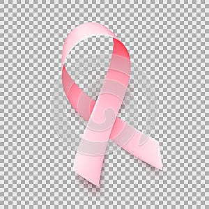 Symbol of breast cancer awareness month in october. Realistic pink satin ribbon over transparent background. Vector.