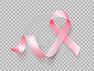 Symbol of breast cancer awareness month in october. Realistic pink satin ribbon over transparent background. Vector.