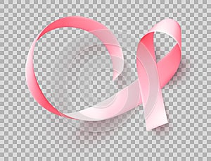 Symbol of breast cancer awareness month in october. Realistic pink satin ribbon over transparent background. Vector.