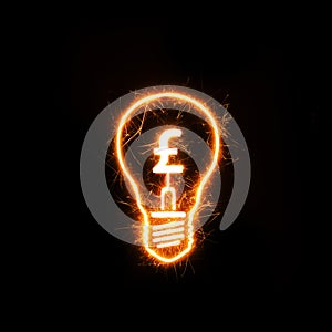 Symbol of British currency pound inside a sparkling bulb
