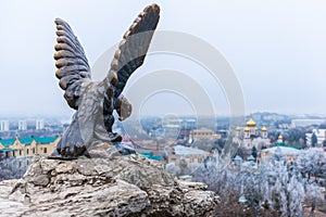 Symbol the bronze sculpture of an eagle fighting a snake on a Mashuk mountain in