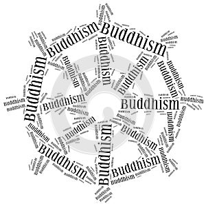 Symbol of Buddhism religion. Word cloud illustration.