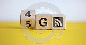 Symbol of the change from 4G to 5G. Changed wooden blocks from 4G to 5G. Technology, network, communication concept. Beautiful