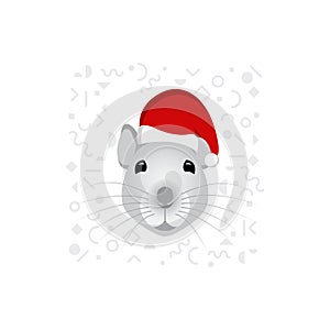 The symbol of Chinese new year 2020 is a mouse or a rat. Cute Animal in Santa`s red hat. Greeting card with geometric elements on