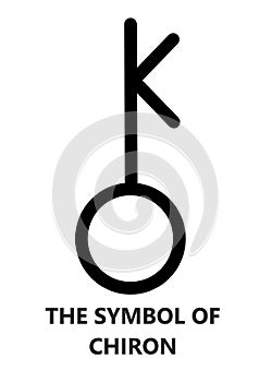 The symbol of Chiron with description words set against a white backdrop photo